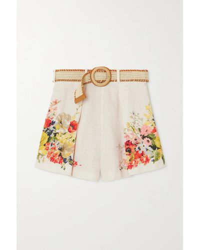 Zimmermann + Net Sustain Alight Belted Pleated Floral-print Linen Shorts - Natural
