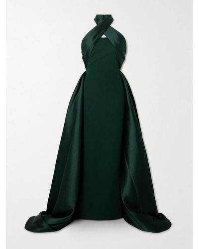 Solace London Rumi Satin-twill And Crepe Halterneck Gown - Green