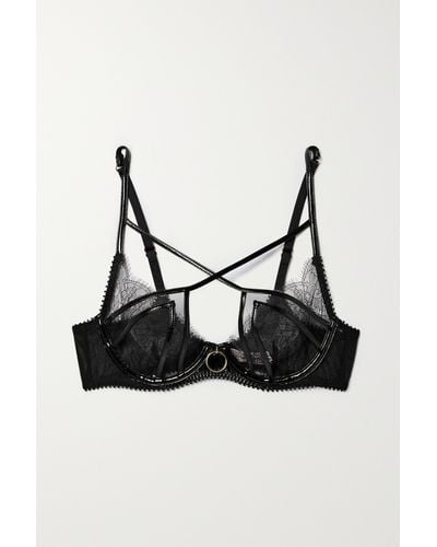 Agent Provocateur Foxie Stretch Pvc-trimmed Embellished Leavers Lace And Tulle Underwired Soft-cup Bra - Black