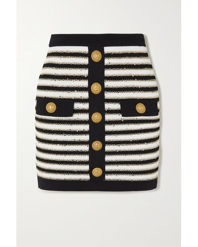 Balmain Button-embellished Metallic Striped Knitted Mini Skirt - Black