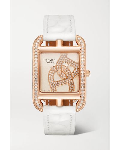 Hermès Cape Cod 31mm Small 18-karat Rose Gold, Alligator, Mother-of-pearl And Diamond Watch - White