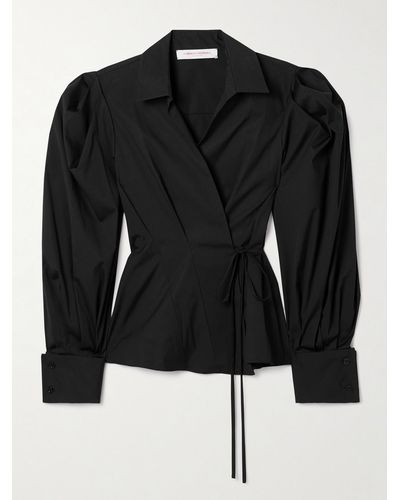 Carolina Herrera Wrap-effect Panelled Cotton-blend Poplin Shirt - Black