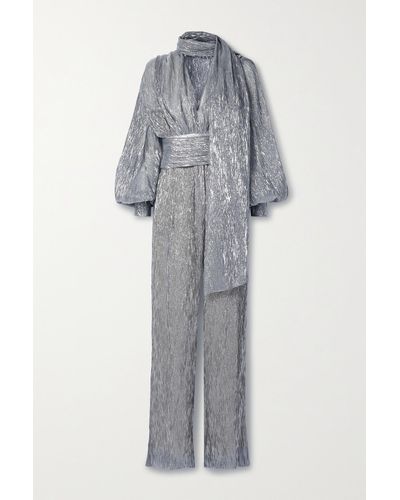 Oscar de la Renta Tie-neck Silk-blend Plissé-lamé Jumpsuit - Grey