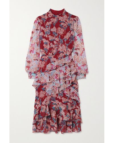 Saloni Isa Tiered Ruffled Floral-print Silk-chiffon Midi Dress
