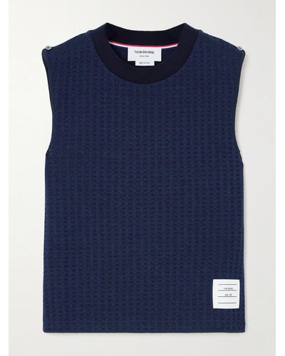 Thom Browne Appliquéd Waffle-knit Cotton Top - Blue