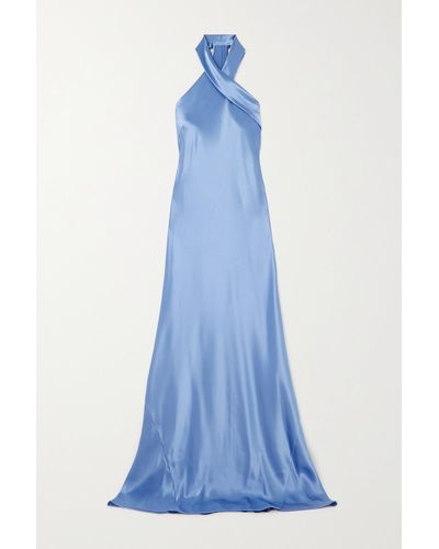 Galvan London Pandora Satin Halterneck Gown - Blue