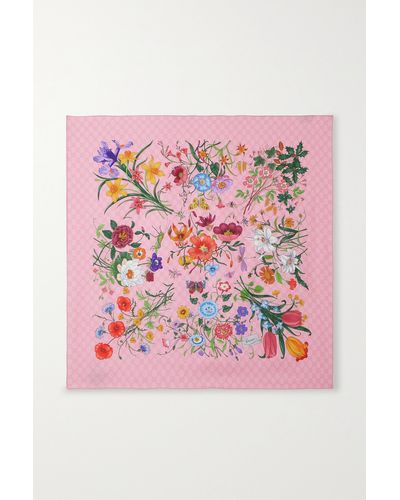 Gucci Flora Print Silk Twill Scarf - Pink