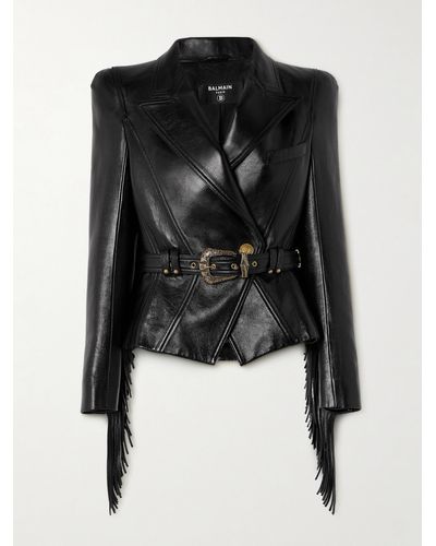 Balmain Belted Fringed Leather Jacket - Black