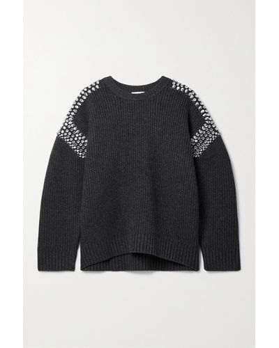 A.L.C. Colby Oversized Crystal-embellished Ribbed Merino Wool Jumper - Black