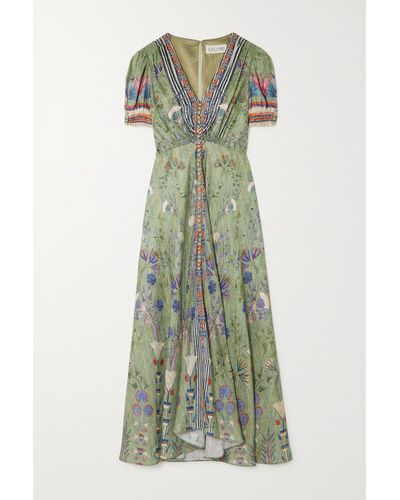 Saloni Lea Floral-print Silk-jacquard Midi Dress - Green