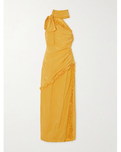 Alessandra Rich Bow-detailed Ruffled One-shoulder Polka-dot Silk Crepe De Chine Dress - Yellow
