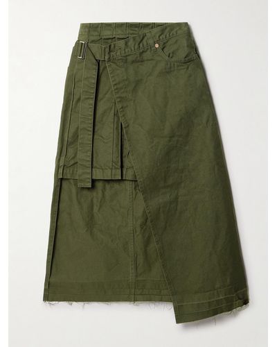 Sacai Asymmetric Pleated Denim Wrap Skirt - Green