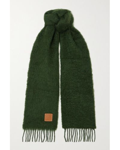 Loewe Fringed Leather-trimmed Mohair-blend Scarf - Green