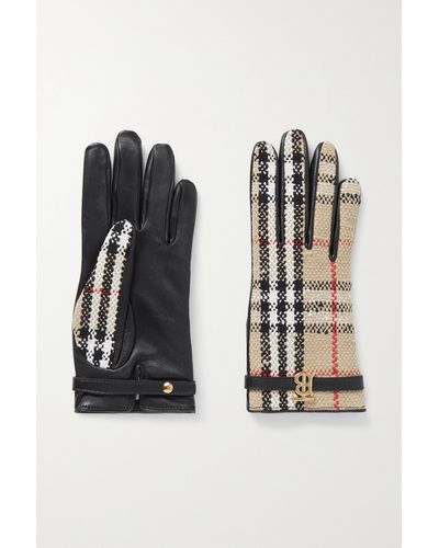 Burberry Checked Cotton-blend Tweed And Leather Gloves - Black