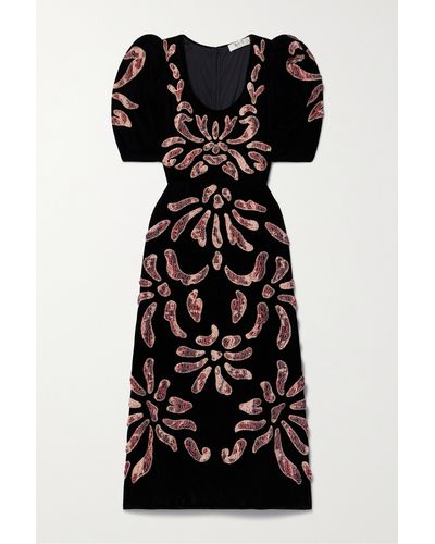Sea Veda Appliquéd And Embroidered Velvet Midi Dress - Black