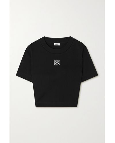 Loewe Anagram-embroidered Cropped Cotton-knit Top - Black