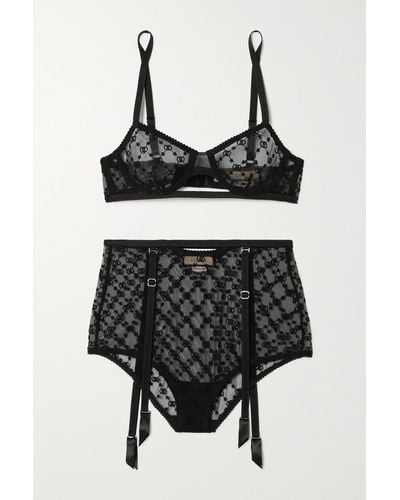 Gucci Embroidered Tulle Bra And High-rise Briefs - Black