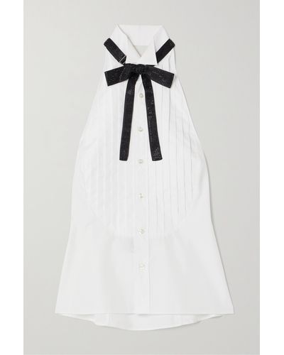 Ralph Lauren Collection Sorrento Embellished Bow-detailed Pleated Cotton-poplin Halterneck Top - White