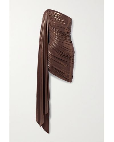 Norma Kamali Diana Pickleball One-sleeve Draped Ruched Stretch-lamé Mini Dress - Brown