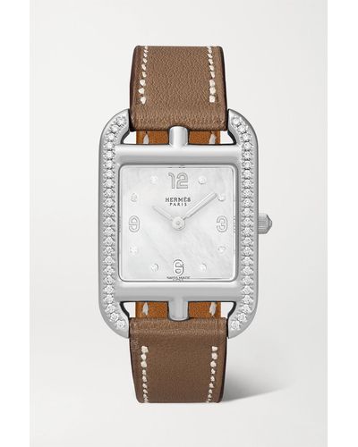 Hermès Cape Cod 31 Mm Kleine Uhr Aus Edelstahl Mit Perlmutt, Diamanten Und Lederarmband - Mettallic