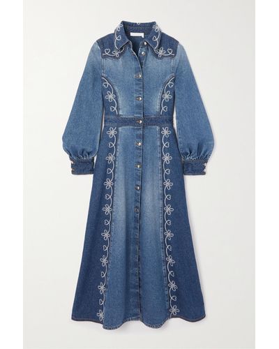 Chloé Embroidered Two-tone Cotton And Hemp-blend Denim Midi Dress - Blue