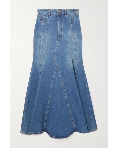 Burberry Pleated Panelled Denim Maxi Skirt - Blue