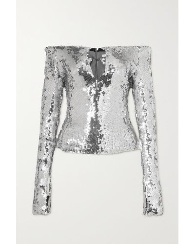 16Arlington Solare Off-the-shoulder Cutout Sequined Stretch-tulle Top - Grey