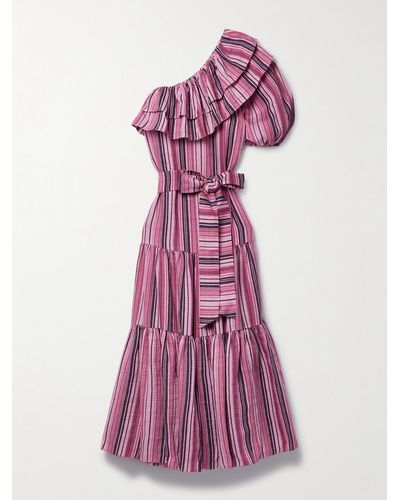 Lisa Marie Fernandez + Net Sustain Arden One-sleeve Ruffled Striped Linen-blend Maxi Dress - Purple