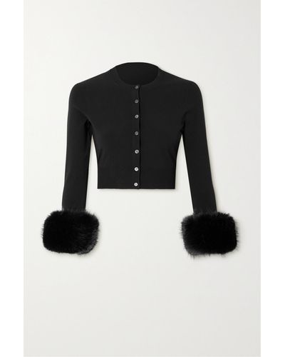 Alexander Wang Cropped Faux Fur-trimmed Stretch-knit Cardigan - Black