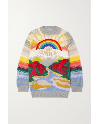 Stella McCartney Festive Smile Embroidered Intarsia Wool-blend Sweater - Gray