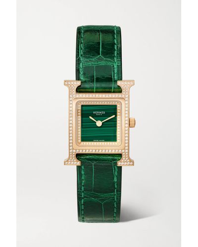 Hermès Heure H 25 Mm Kleine Uhr Aus 18 Karat Roségold Mit Diamanten, Malachit Und Alligatorlederarmband - Grün
