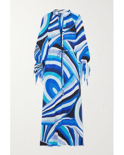 Emilio Pucci Maxikleid Aus Bedrucktem Crêpe De Chine Mit Verzierungen - Blau