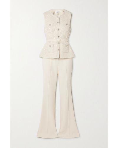 Self-Portrait Convertible Belted Embellished Metallic Bouclé-tweed And Crepe Jumpsuit - Natural