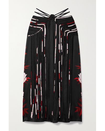 FARM Rio Fringed Floral-print Satin Midi Skirt - Black