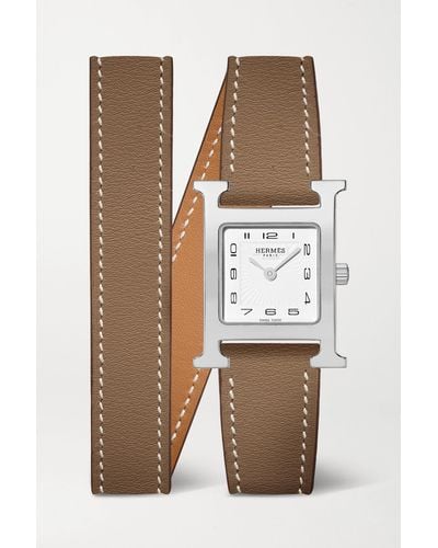 Hermès Heure H 25 Mm Kleine Uhr Aus Edelstahl Mit Lederarmband - Braun