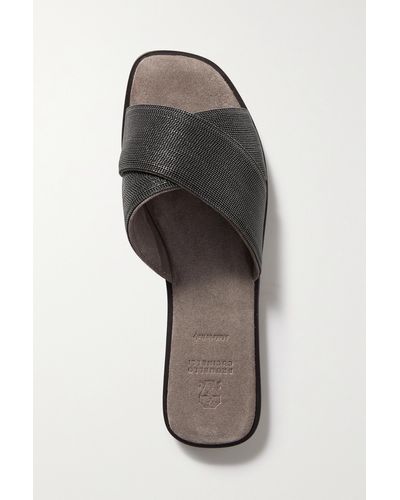 Brunello Cucinelli Beaded Suede Slides - Grey