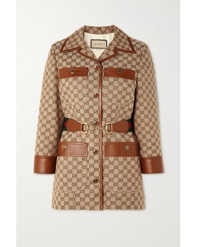 Gucci Belted Leather-trimmed Cotton-blend Canvas-jacquard Jacket - Brown