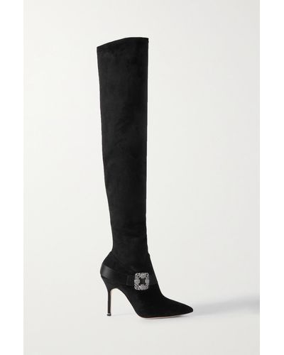 Manolo Blahnik Plinianuthi 105 Buckled Satin-trimmed Suede Over-the-knee Boots - Black