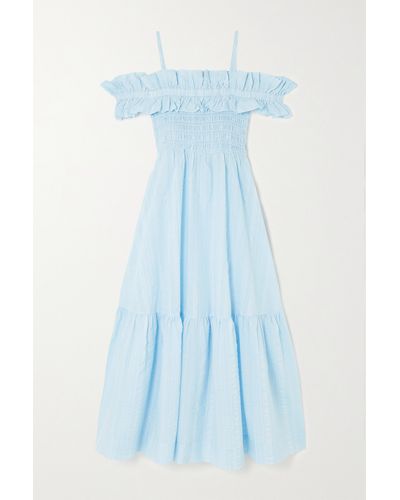 Ganni Ruffle-trimmed Smocked Seersucker Maxi Dress - Blue