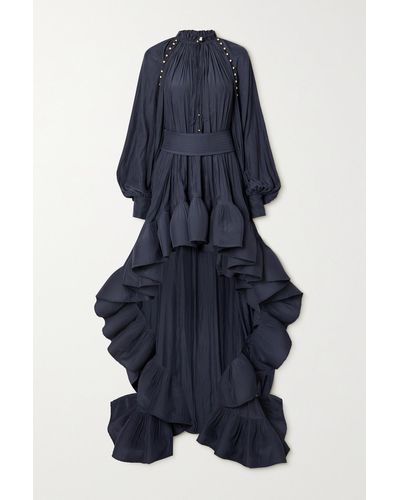 Lanvin Robe Du Soir Asymétrique En Crêpe À Volants Et À Ceinture - Bleu