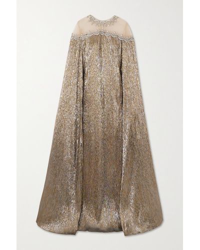 Oscar de la Renta Cape-effect Crystal-embellished Tulle-trimmed Silk-blend Lamé Gown - Natural