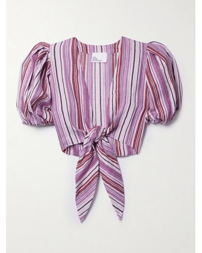 Lisa Marie Fernandez + Net Sustain Pouf Cropped Tie-front Striped Linen-blend Top - Pink