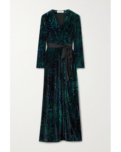 Diane von Furstenberg Belted Tiger-print Velvet Maxi Dress - Green