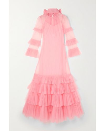 Huishan Zhang Elisha Tie-detailed Tiered Silk-tulle Gown - Pink