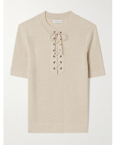 Dries Van Noten Lace-up Ribbed Wool-blend Top - Natural