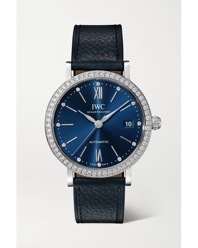 IWC Schaffhausen Portofino Automatic 37 Mm Uhr Aus Edelstahl Mit Diamanten Und Strukturiertem Lederarmband - Blau
