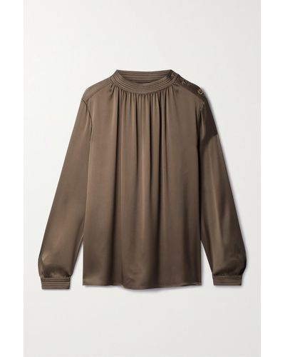 Loro Piana Josephine Button-embellished Gathered Silk-satin Blouse - Brown