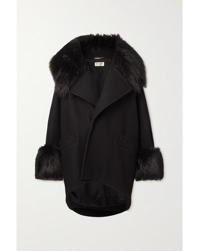 Saint Laurent Oversized Faux Fur-trimmed Wool-blend Felt Coat - Black