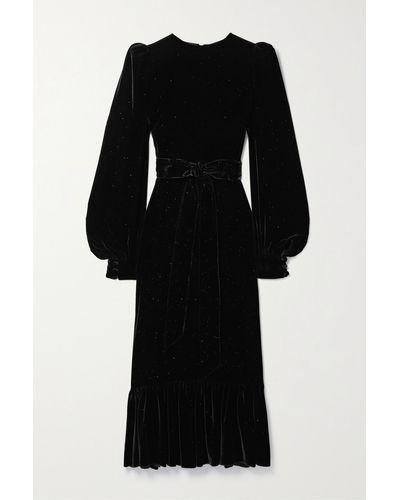 The Vampire's Wife The Villanelle Belted Glittered Velvet Midi Dress - Black