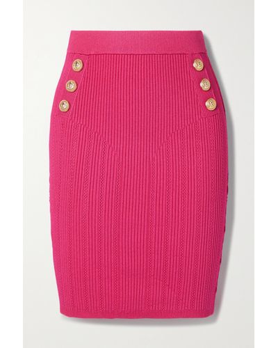 Balmain Button-embellished Ribbed-knit Skirt - Pink